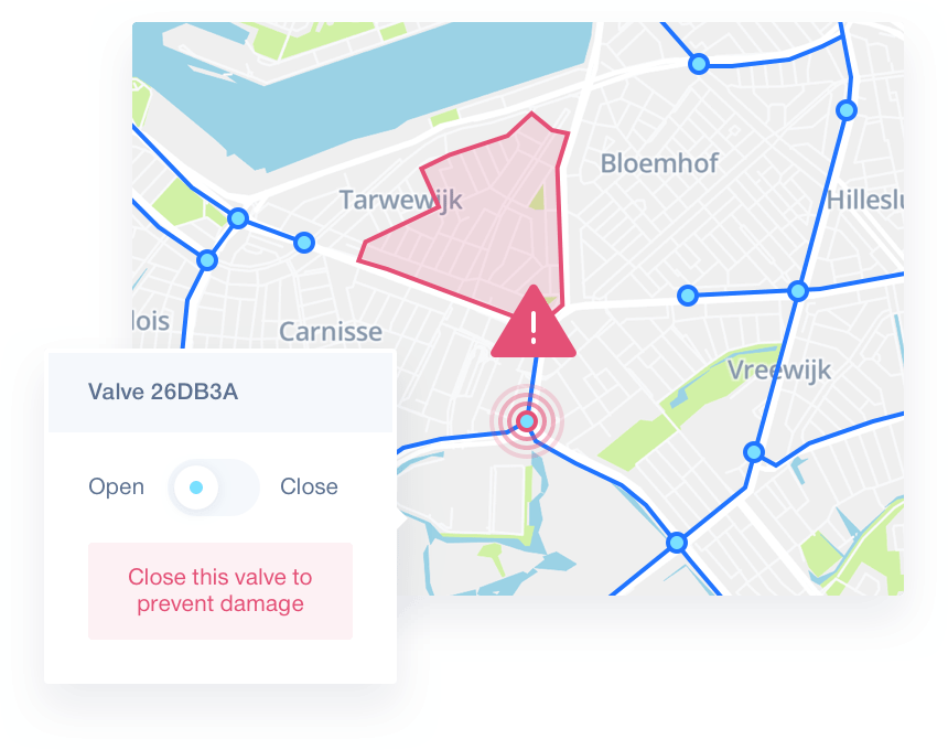 Dashboard view of our Waterfield software showing the location of a damaged valve in the network.