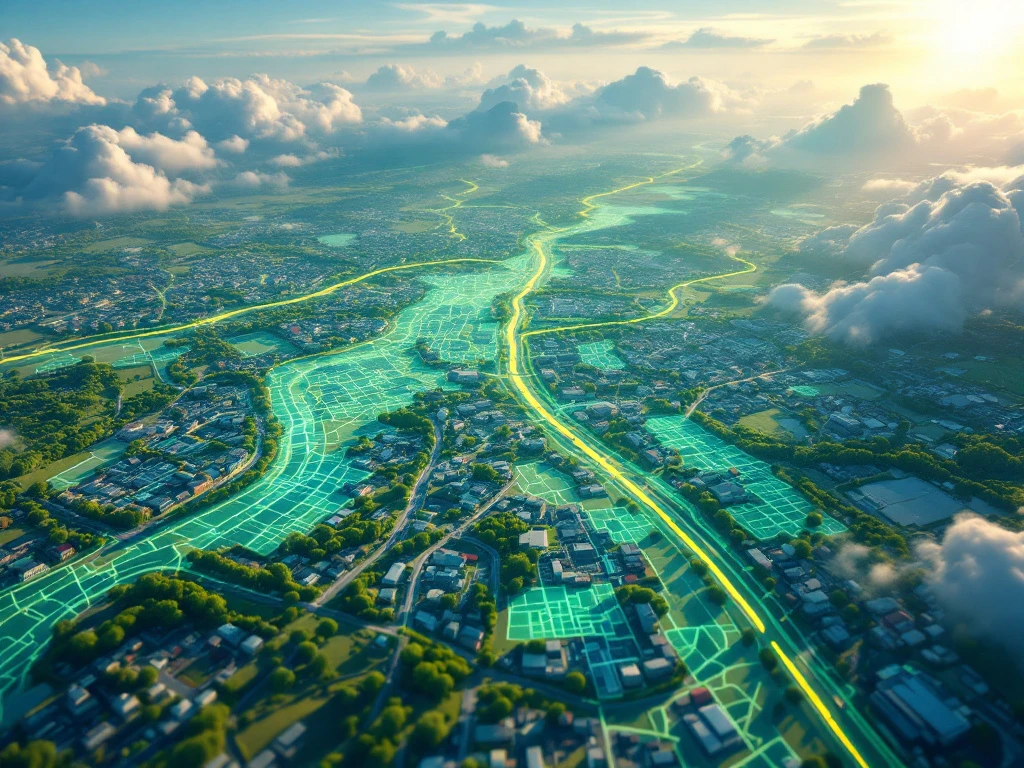 Luchtfoto van stedelijk landschap dat overgaat in 3D-visualisatie met geografische datalagen, kleurgecodeerde analysepatronen en professioneel blauw-groen kleurenschema.