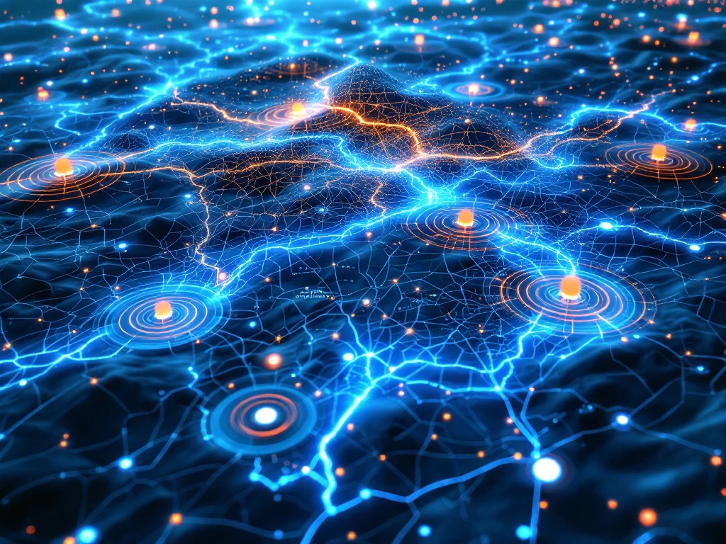 Luchtfoto van 3D geografisch landschap met gloeiende infrastructuurnetwerken, heatmaps en analytische zones die geospatiale datapatronen visualiseren